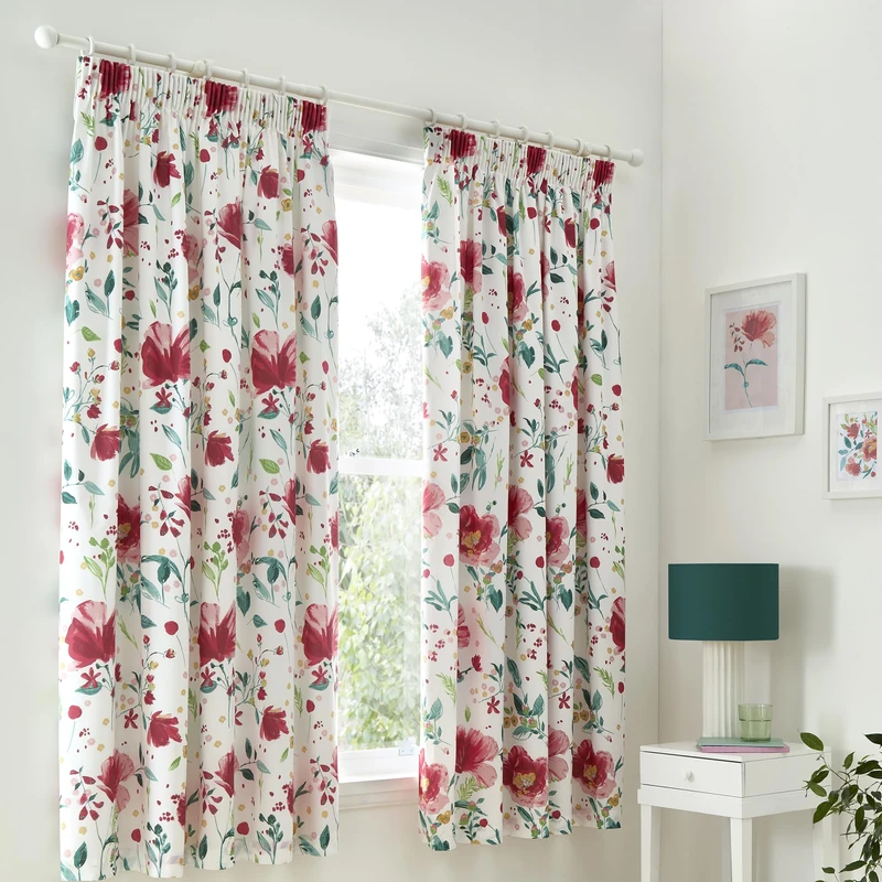 Dreams & Drapes Abstract Poppy Lined Pencil Pleat Curtains – Pair of Fully Lined Floral Window Drapes, 66" Width x 72" Drop (168 x 183cm), Traditional Printed Design, Matching Duvet Set Available
