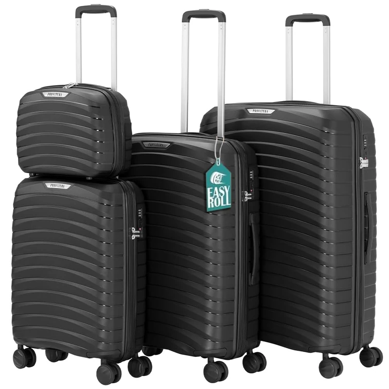 PROVITERA Set of 4 Hard Suitcases with Ultra Shock Resistant Polypropylene Beauty Case, Telescopic Handle Trolley and Easy Roll Wheels, Reinforced Code Lock and Modern Design, Black, 78 × 52,5 × 29,5