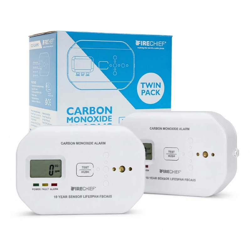 Firechief Carbon Monoxide Alarm Twin Pack – 5 Year Battery CO Detector with LCD Display, EN50291 Certified, Electrochemical Sensor, Home Safety (FBCA05/2)