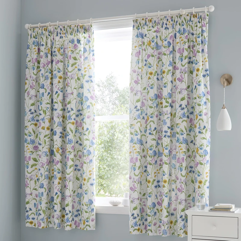 Dreams & Drapes Sweetpea Floral Lined Pencil Pleat Curtains – Pair of Fully Lined Traditional Printed Drapes, 66" Width x 72" Drop (168 x 183cm), Elegant Botanical Design, Matching Duvet Set Available