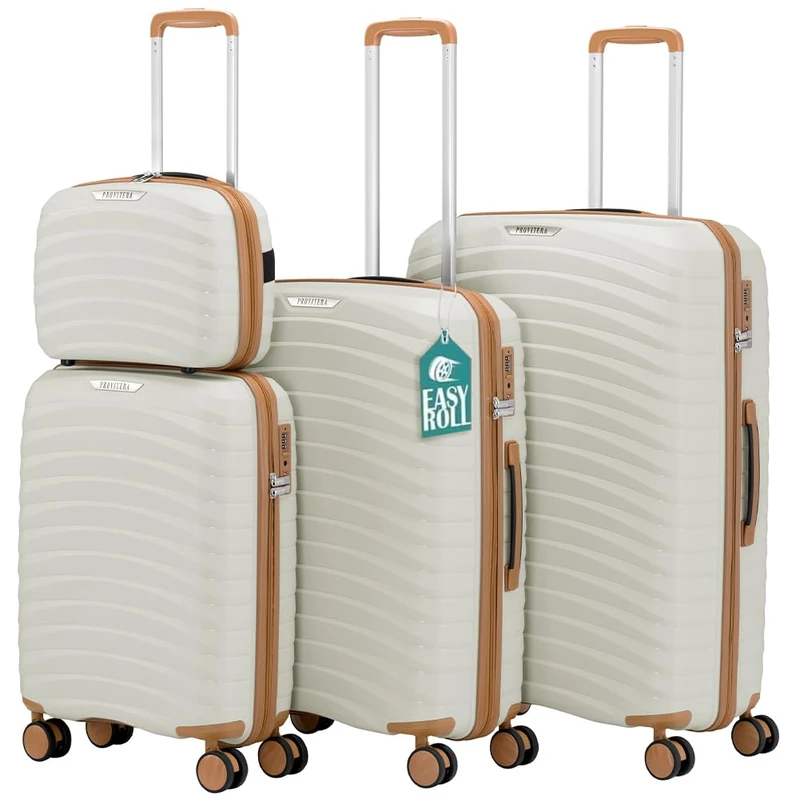 PROVITERA Set of 4 Hard Suitcases with Ultra Shock Resistant Polypropylene Beauty Case, Telescopic Handle Trolley and Easy Roll Wheels, Reinforced Code Lock and Modern Design, Pearl White, 78 cm x