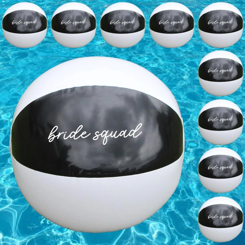 eBuyGB Pack of 10 Bride Squad Beach Ball, Black & White Hen Party Bride Beach Ball, Bridal Party Favours for Hen Do Abroad, 9” Inflatable Beach Ball, Hen Do (Black Panel) - Image 1