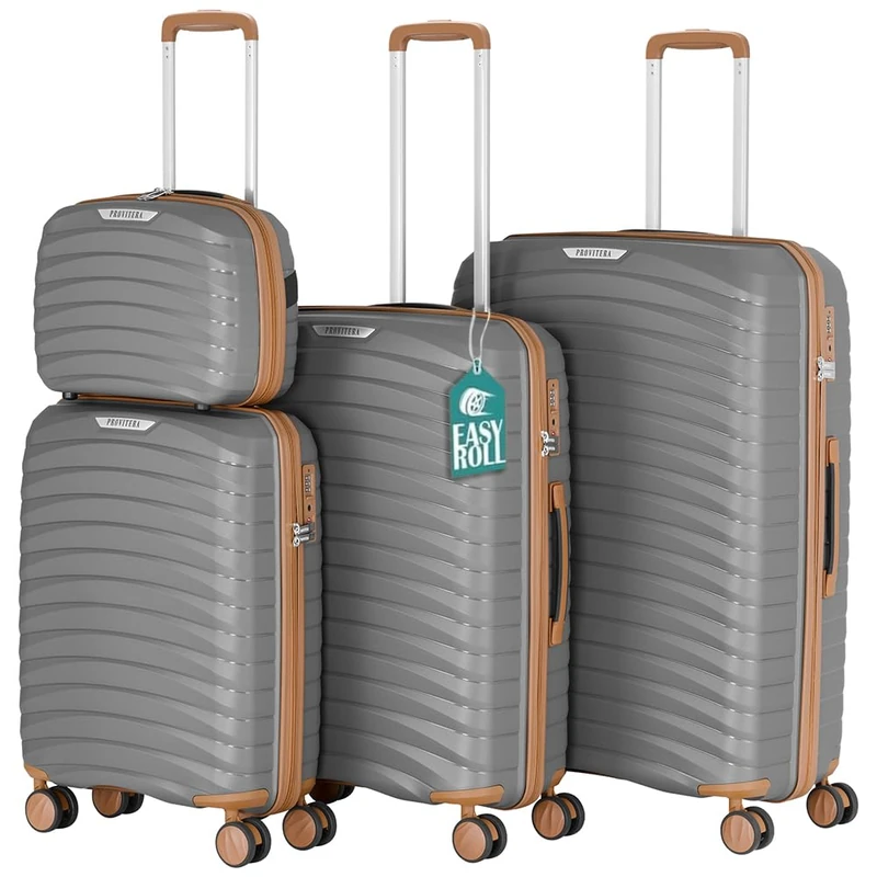 PROVITERA Set of 4 Hard Suitcases with Ultra Shock Resistant Polypropylene Beauty Case, Telescopic Handle Trolley and Easy Roll Wheels, Reinforced Code Lock and Modern Design, Grey, 78 × 52,5 × 29,5