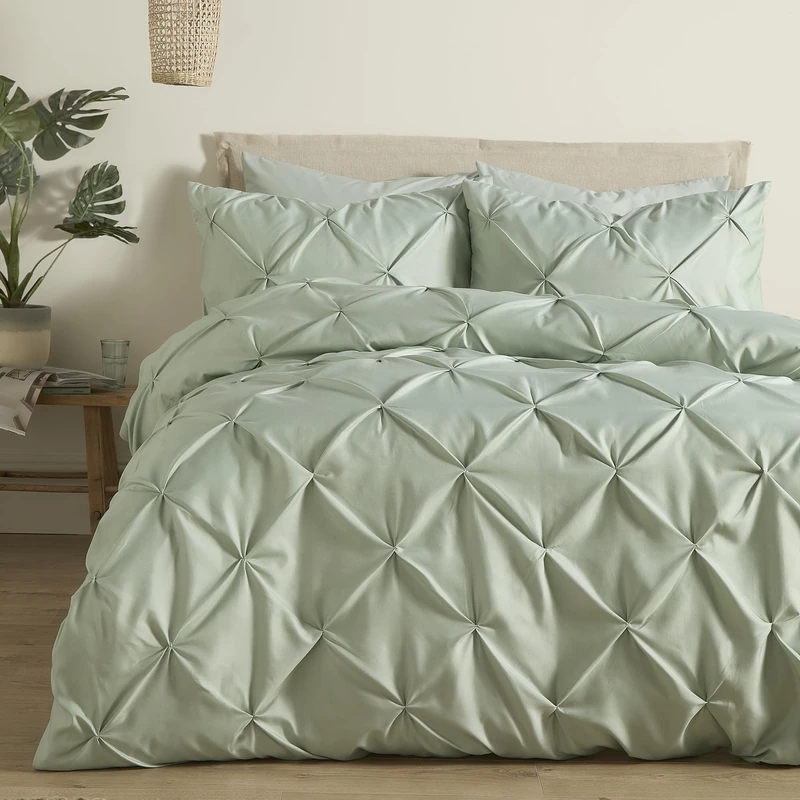 Serene Lara Pleated Duvet Cover Set Super King 260 x 220cm – Textured Steel/Sage Bedding with Elegant Pintuck Design, Includes 2 Pillowcases