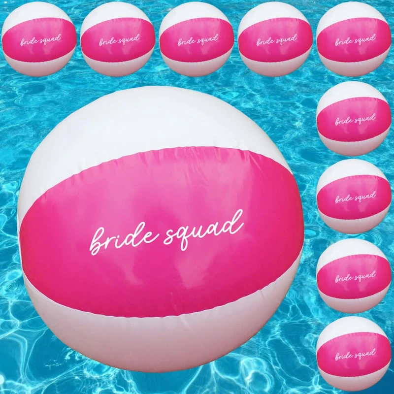 eBuyGB Pack of 10 Bride Squad Beach Balls, Pink & White Hen Party Beach Ball, Bridal Party Favours for Hen Do Abroad, Summer Beach, Hen Party Bag Filler 9" - Image 1