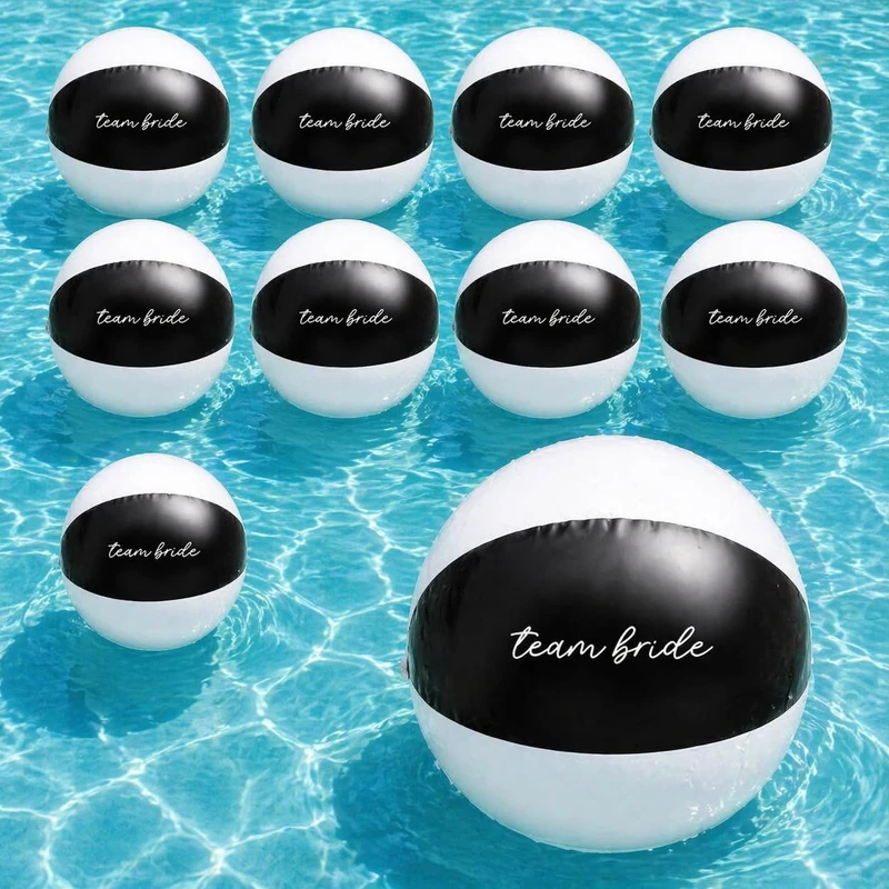 eBuyGB Pack of 10 Black & White Team Bride Beach Balls, Bridal Party Gift, Bachelorette Pool Party, Black Hen Party Décor, Destination Hen Do Abroad, 9” Ball