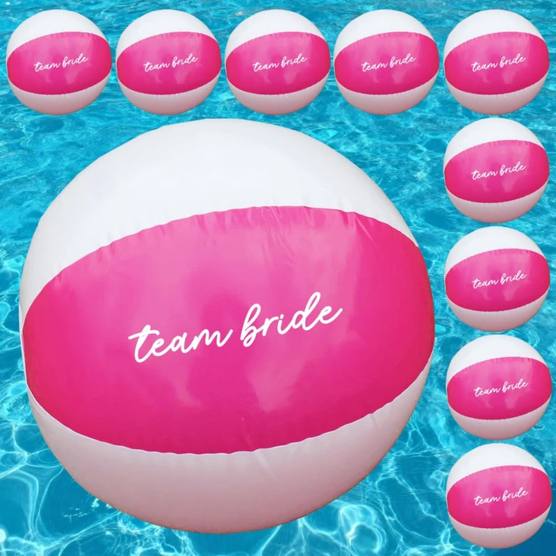eBuyGB Pack of 10 Team Bride Beach Balls, 9” Inflatable Beach Ball, Bridal Party Favours, Pink & White Beach Ball, Hen Party Abroad, Bachelorette Party