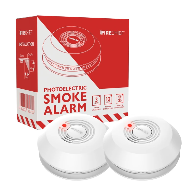 Firechief 10 Year Sealed Battery Smoke Alarm Twin Pack – Optical Photoelectric Sensor, EN14604 Certified, Loud 85dB Alert, Easy Install Home Fire Detector (FBSD10/2) - Image 1