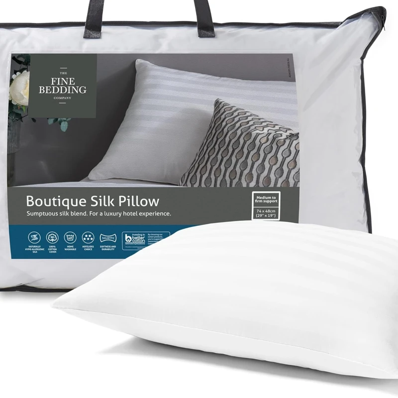 The Fine Bedding Company Boutique Silk Pillow – Medium Firm Pillow with Advanced Smartfil® Fibre and Pure Silk Blend, Luxury Pillows for Comfort, Machine Washable – XL, Single (1 Pack)