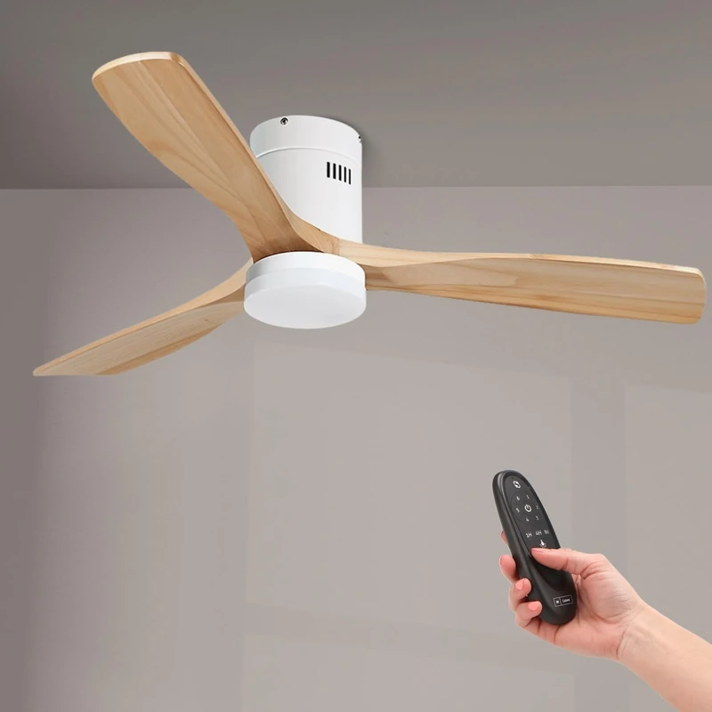 M mimotec - White Energy MDF LED Ceiling Fan, Remote Control, DC Motor 50W+LED Light 18W, 6 speeds, Silent, 3 Blades Natural Wood, 132 cm, Summer-Winter Function, Timer