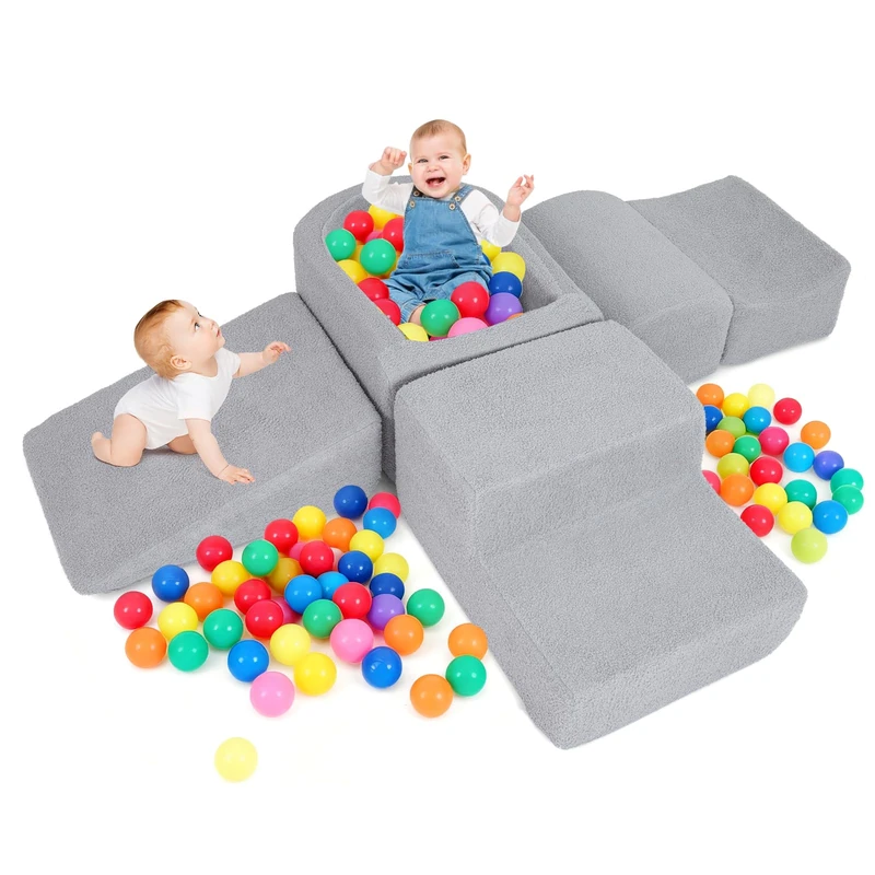 FANTASK 5-Piece Foam Building Blocks XXL, Giant Climbing Blocks with Ball Pit, Large Building Blocks for Romping & Climbing, Soft Play Building Blocks for Home, Children's Room & Playroom (Grey - Image 1