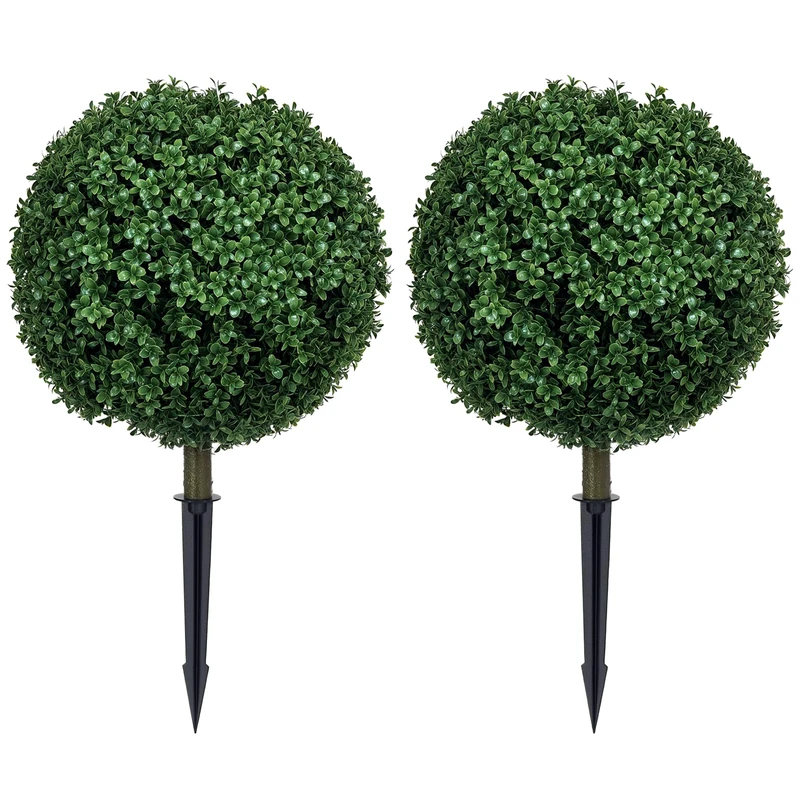 HOMCOM Set of 2 70cm Artificial Boxwood Topiary Ball Bush with Integrated Ground Stake, Indoor Outdoor UV Resistant Faux Greenery, Faux Plants for Garden, Porch, Balcony