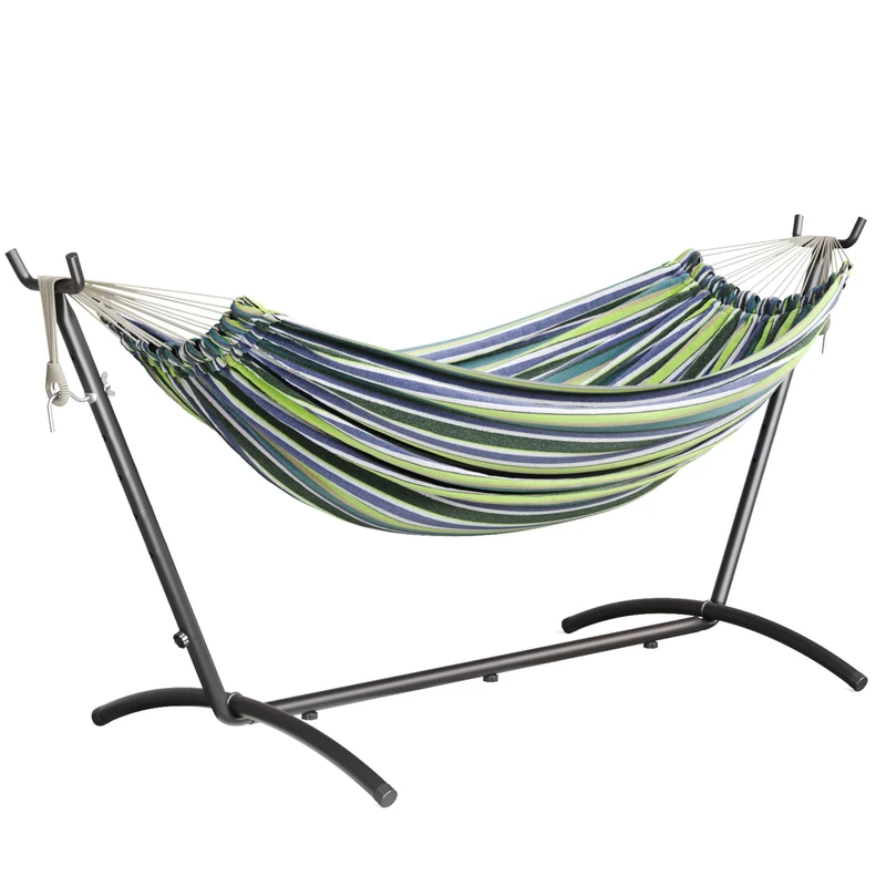 Mondeer Hammock with Stand Double Camping Outdoor Garden Fabric Hammock with Metal Frame with Carrying Bag and Accessories, 270kg Load Capacity, for Camping Travel Patio, Blue