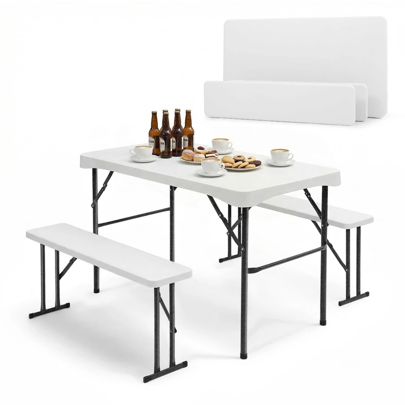 Sekey Beer Tent Set Foldable Set of 3 - Table + 2 x Bench Set for 4 People, H x W x D: 70 x 113 x 61 cm, Plastic Folding Table Set for Indoor and Outdoor Use (White)