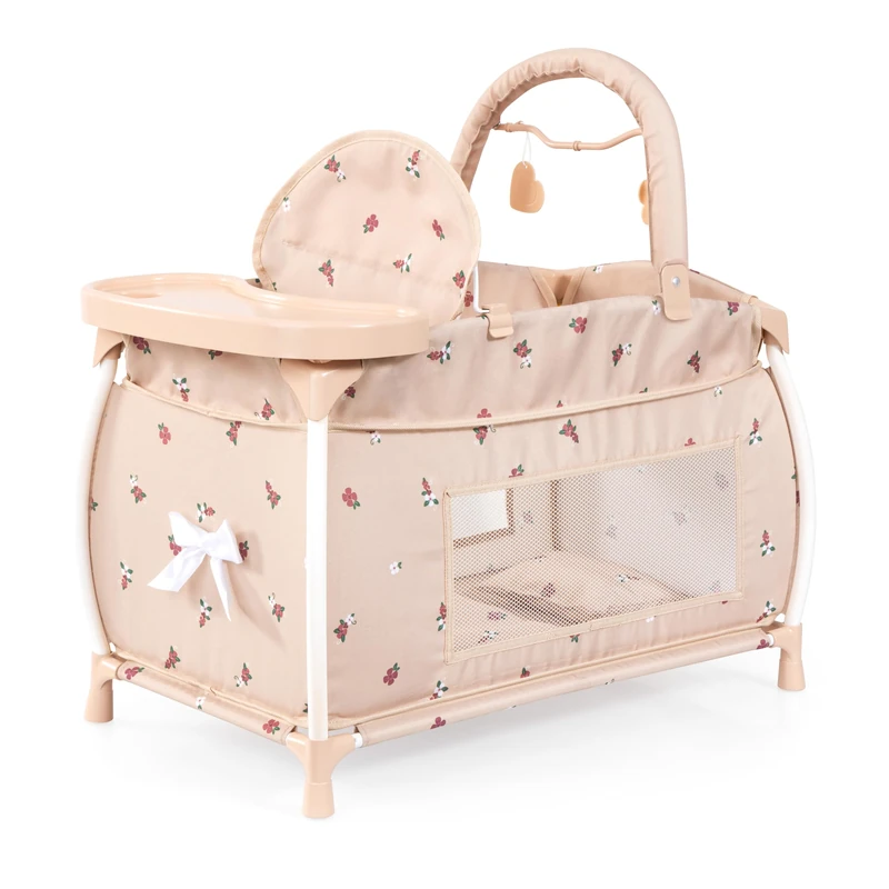 Doll's bed with integrated high chair, dining tray, mobile