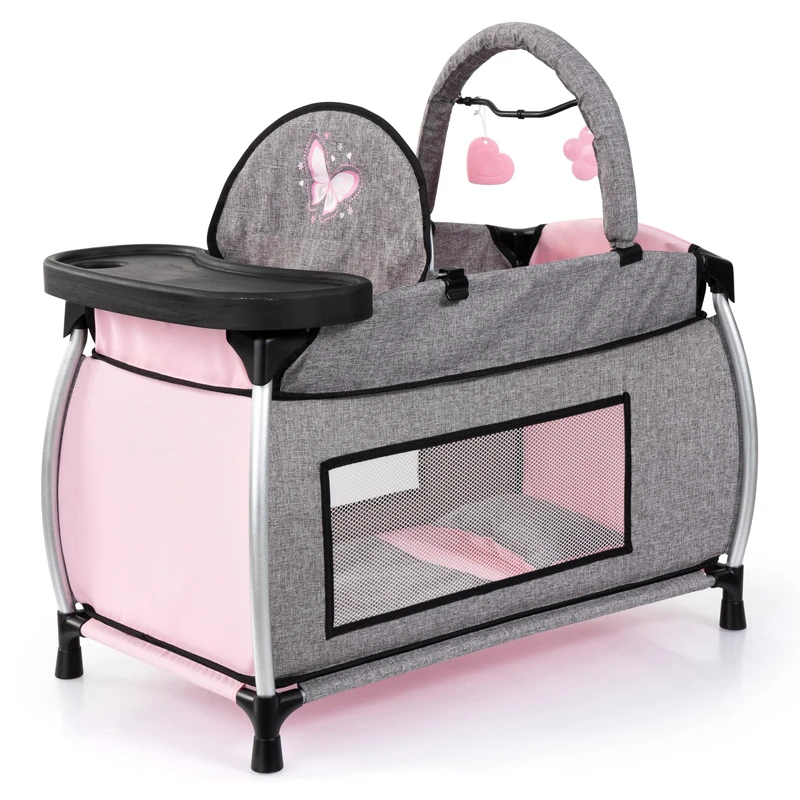 Doll's bed with integrated high chair, dining tray, mobile, duvet