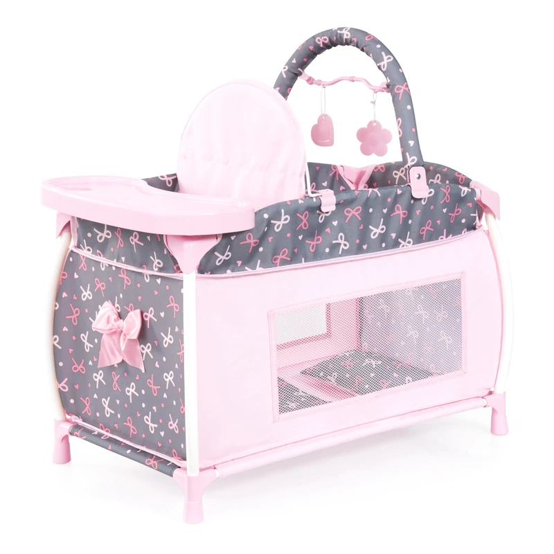 Doll's bed with integrated high chair, dining tray, mobile, duvet