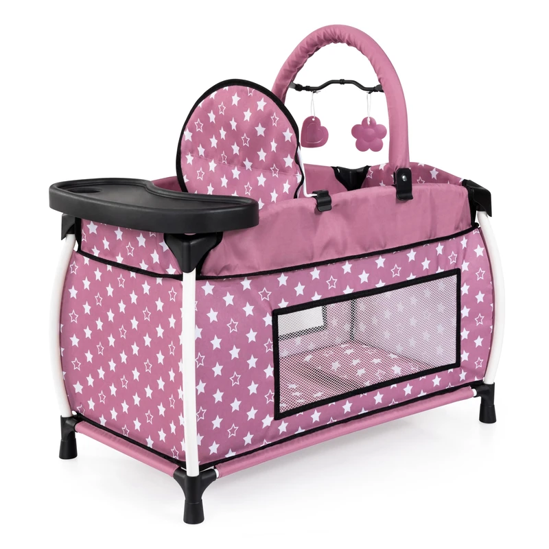 Doll's bed with integrated high chair, dining tray, mobile