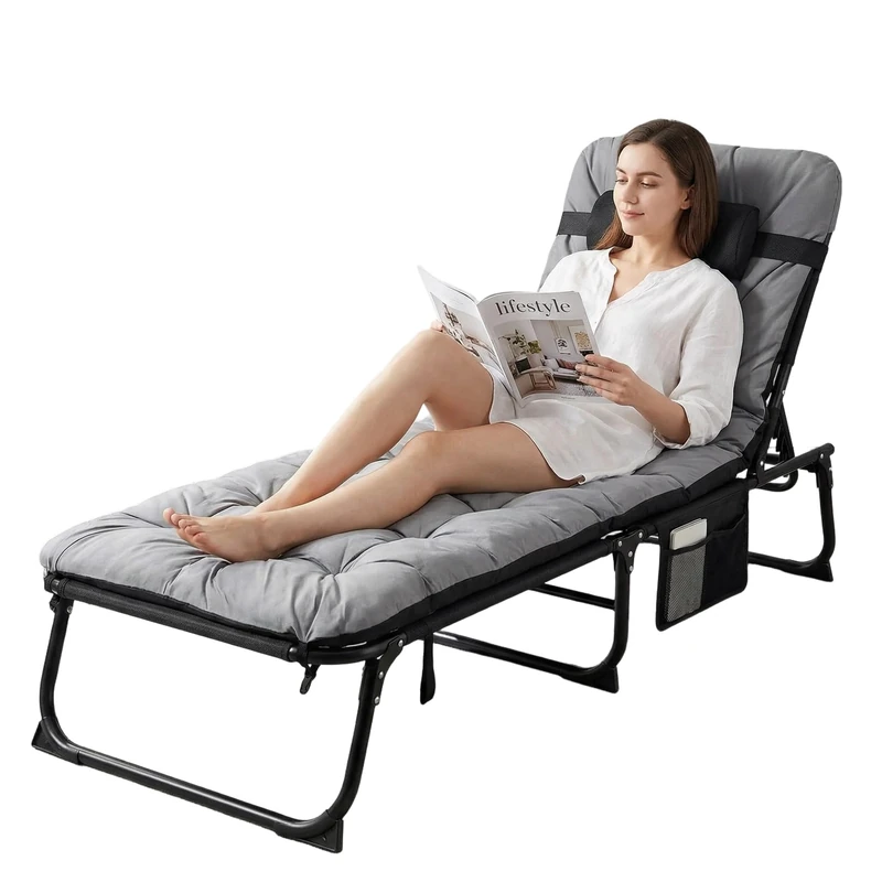 Clevich Sun Lounger Folding Bed, Folding Lounger with Waterproof Mattress, Adjustable Camping Bed Guest Bed Foldable Reclining Chair for Garden, Office, Pool, Camping (1, Black, 190 x 68 x 31 cm)