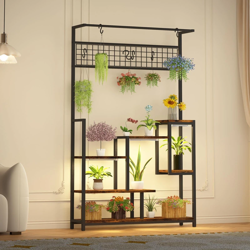GarveeLife Indoor Plant Stand with 7 Shelves with LED Growth Lighting with Grid and Hooks, Wooden and Metal Flower Shelf, Ideal for Balconies, Living Rooms, 78 x 24 x 180 cm (Brown) - Image 1