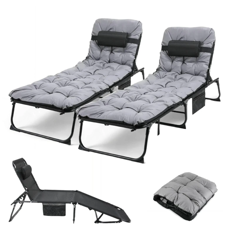 Clevich Sun Lounger Folding Bed, Folding Lounger with Waterproof Mattress, Adjustable Camping Bed Guest Bed Foldable Reclining Chair for Garden, Office, Pool, Camping (2)