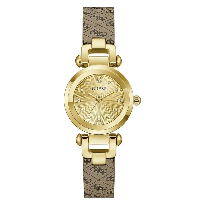 Guess Ladies Watch GW1021L2 30mm Stainless Steel Gold Dial Stone Set Quartz Mineral Glass Hardened 3ATM Brown Leather Strap
