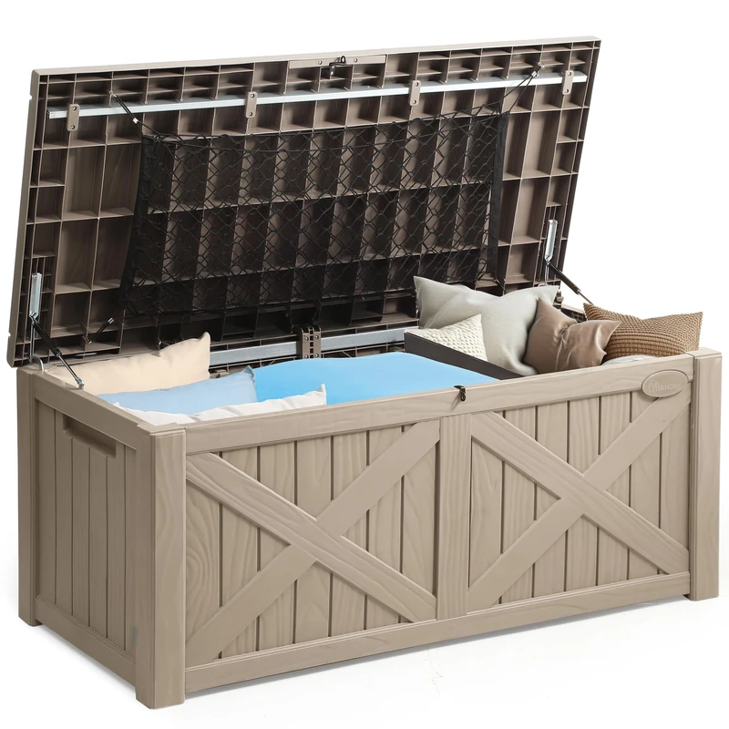 YITAHOME 450 Litre Large Deck Box with X-Front, Waterproof Outdoor Storage Bench, Resin Garden Storage Box for Patio Cushions, Pool Accessories, Garden Tools - Lockable, Taupe