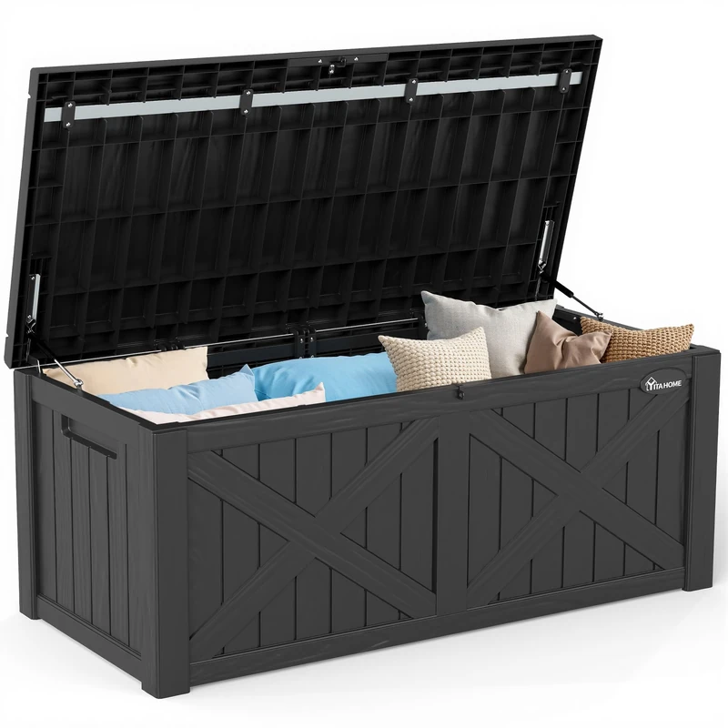 YITAHOME 450 Litre Large Deck Box with X-Front, Waterproof Outdoor Storage Bench, Resin Garden Storage Box for Patio Cushions, Pool Accessories, Garden Tools - Lockable, Black