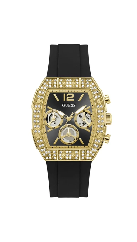 Guess Mens Watch GW1069G2 Phoenix Quantum 44mm Stainless Steel Gold Black Chronograph Quartz Mineral Glass Cubic Zirconia 5ATM Silicone Strap