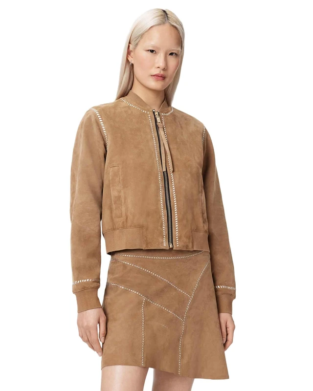 AllSaints Women's ORTEN WHIP BOMBER JACKET LEATHER, SAND BROWN, UK 8/US 4