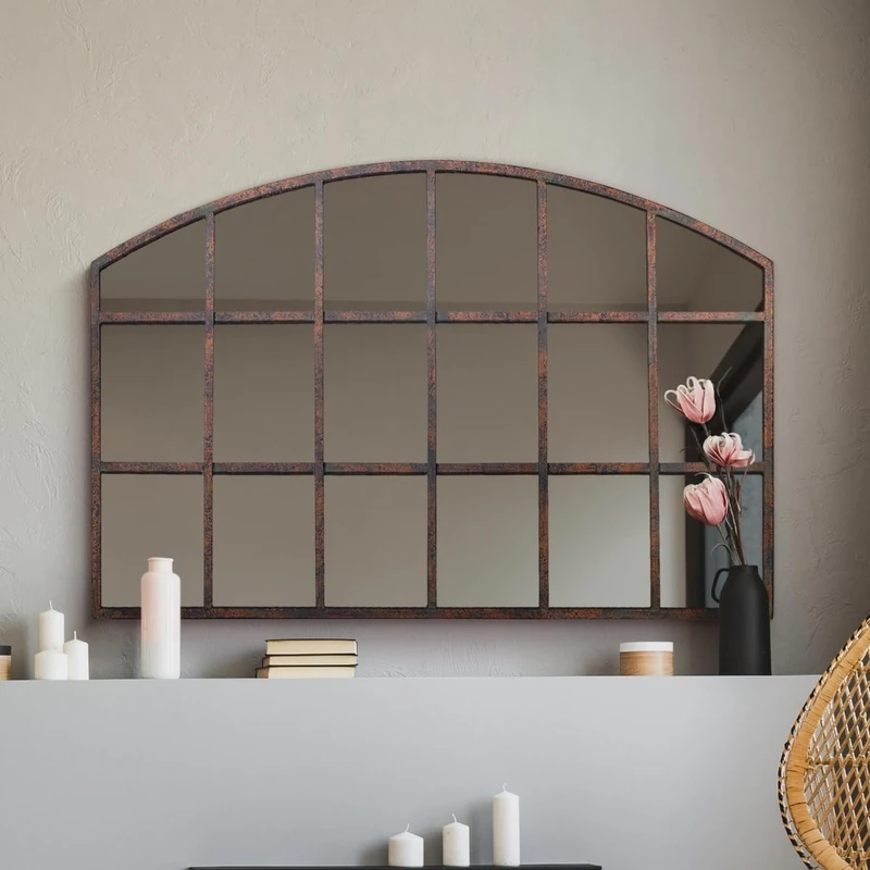 MirrorOutlet Rustic Metal Framed Arched Window Shaped Wall Mirror 35" X 22" (90CM X 56CM) Glass Mirror with Black All weather Backing.