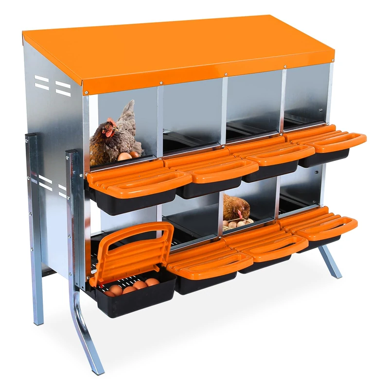 Laying Hens Nest Box 8 Slots – Metal Chicken Coop Tray for Laying Hens, Easy Installation and Collecting Eggs, 107 x 52 x 95 cm, Orange