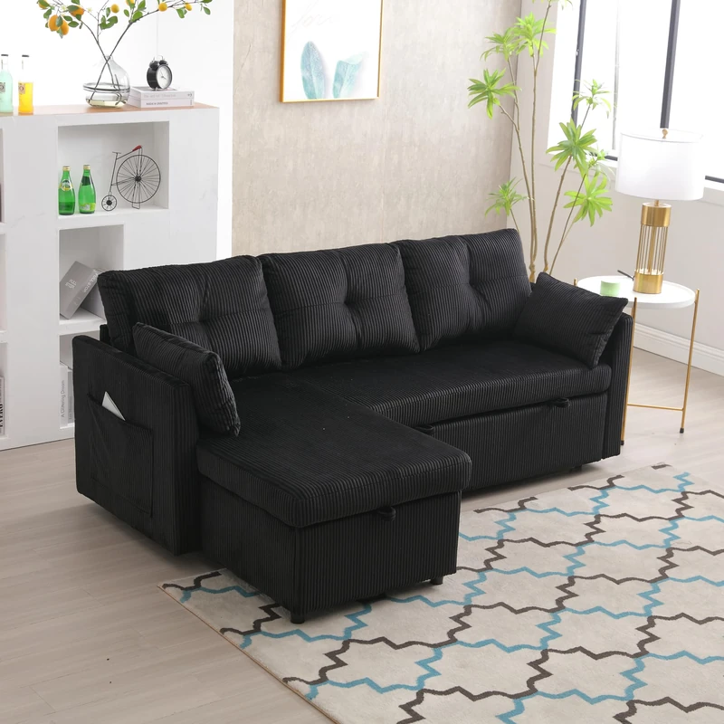 Ball & Cast Shaped Sofa Bed 3 Seater Couch Pull Out Sectional Couch Bed Convertible Settee Click-Clack Corner Sofa with Storage for Living Room, Office, Black