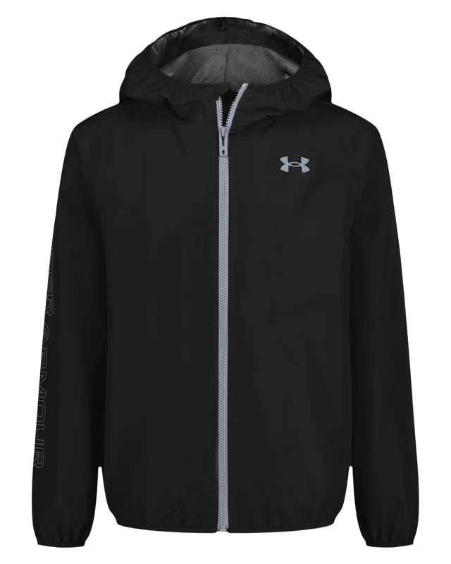 Under Armour Boys Wintuck Wordmark Windbreaker Jacket, UA Storm Technology, 5K/5K Windproof Water-Repellent Shell, Mesh-Lined, Ages 12–13, Black
