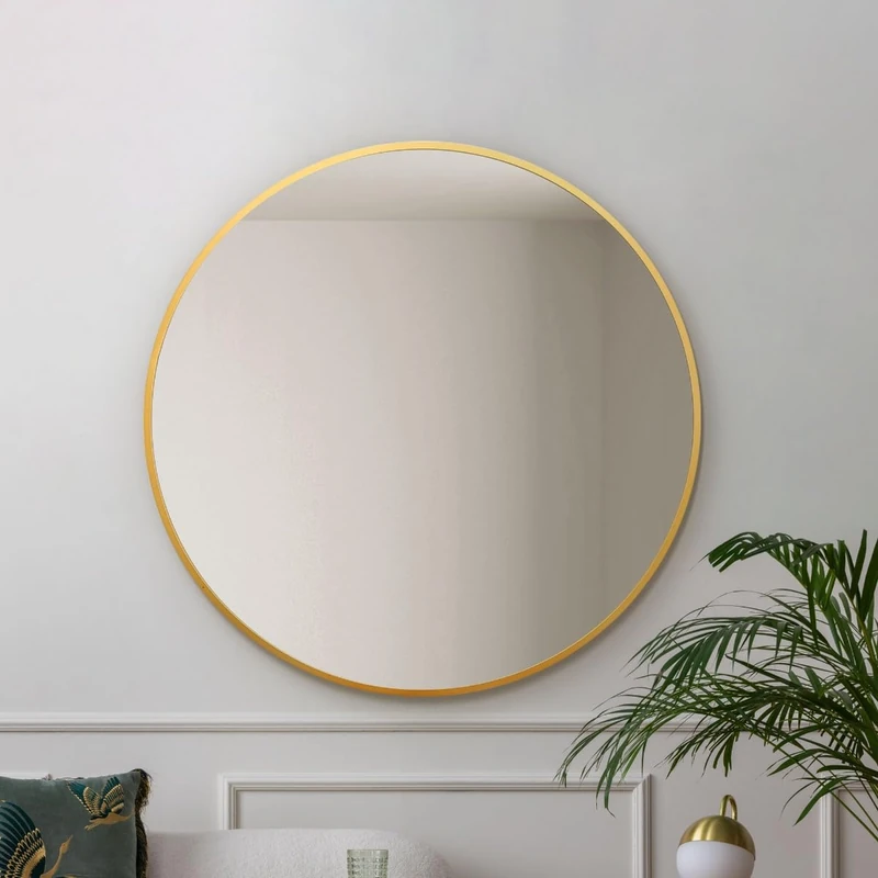 MirrorOutlet Gold edged Framed Modern Round Circular Wall Mirror 39" X 39" (100CM X 100CM) Silver Mirror Glass with Black Metal Frame