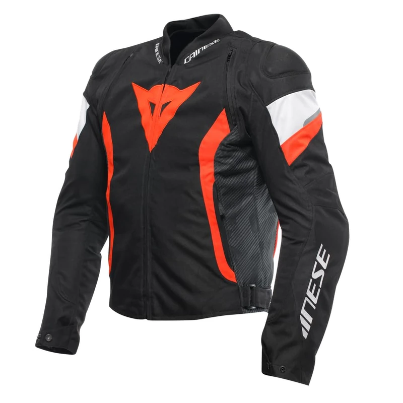 Dainese - Avro 5 Tex Women's Motorcycle Jacket, Breathable with Mesh Lining, Air Vents, Removable Thermal Lining, Composite Protectors, Reflective Details, Black/Red/Fluo/White, 62