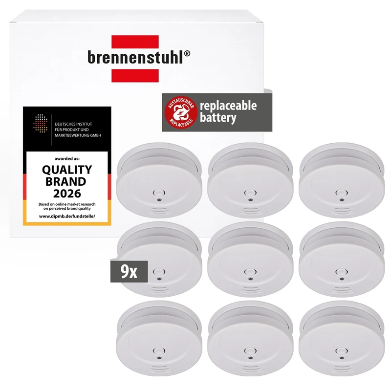 Brennenstuhl Smoke Detector SET, 9x RM C 9010 with replaceable battery (tested according to EN 14604, loud alarm signal) white
