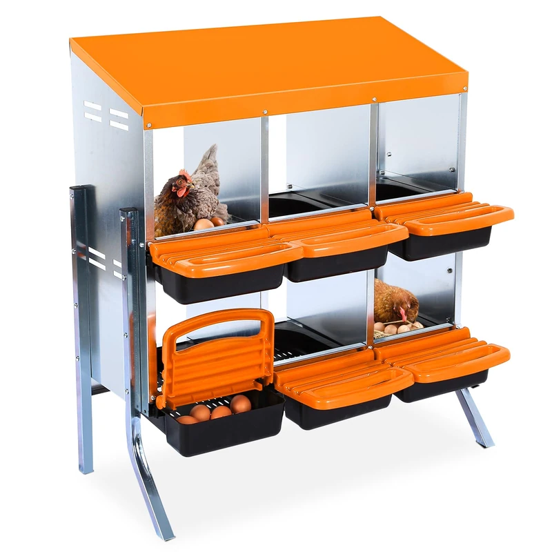 Nesting Box with 6 Compartments – Metal Chicken Coop Tray for Laying Hens, Easy Installation and Collecting Eggs, 81 x 52 x 95 cm, Orange