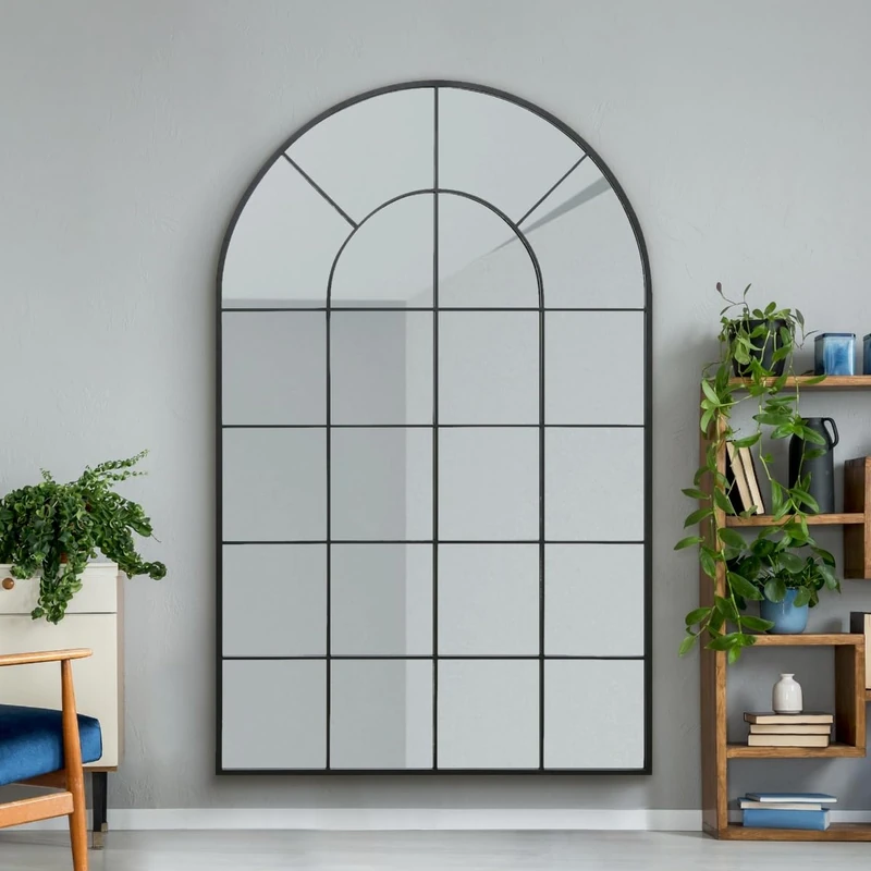 MirrorOutlet Black Framed Window Modern Full Mdern Length Arched Leaner/Wall Mirror 75" X 47" (190CM X 120CM) Silver Mirror Glass with Black All weather Backing.