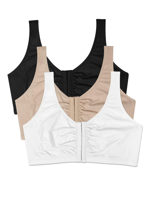 Fruit of the Loom Women's Multi-Pack Front Closure Cotton Bra, Sand/Black/White, 42