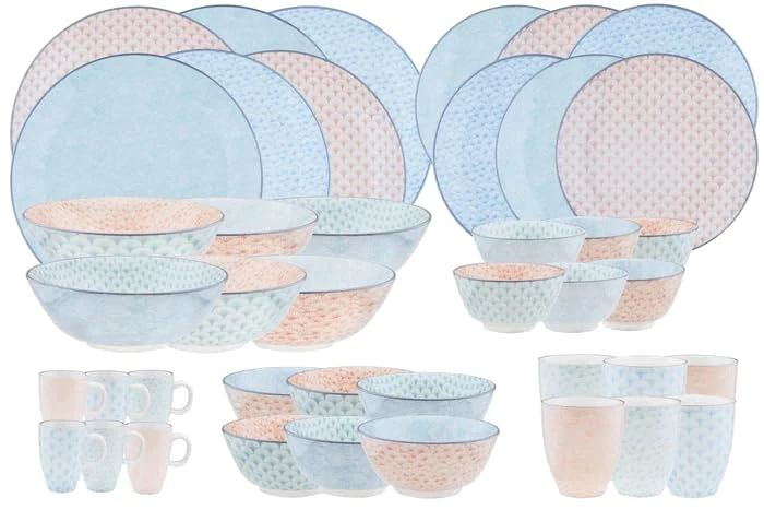 Bjorn Complete Enamelled Porcelain Dinner Set - Pattern Pastel Collection - Mismatched Dinnerware for 6 People, Plates and Tableware