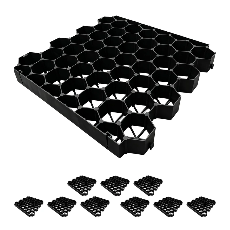 Relaxdays Plastic Lawn Grids 10-pack, Paddock Plates, Drivable Grass Pavers, 4x50x50 cm, Black - Image 1