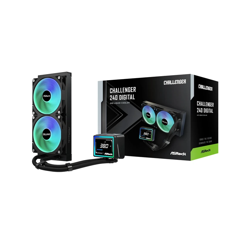 ASRock Challenger 240 Digital All-in-One Liquid CPU Cooler, 240mm Radiator, 3" Intelligent Digital Display, ARGB Lighting, 0dB Mode, 6 Year Warranty - Image 1