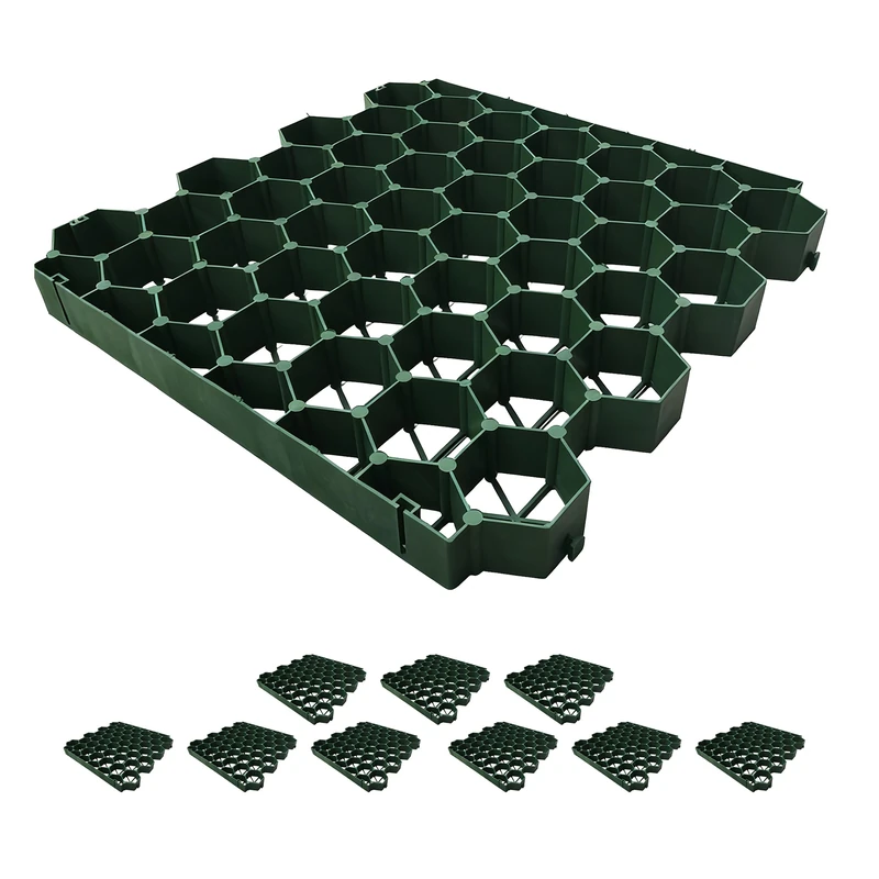 Relaxdays Plastic Lawn Grids Set of 10, 4x50x50 cm, Drivable Paddock and Lawn Slabs, Green