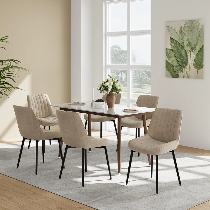 COLAMY Velvet Dining Chairs Set of 6, Velvet Chairs for Dining Room with Metal Legs and Thick Seat Cushion, Upholstered KitchenChairs with Anti-Slip Pads, Khaki