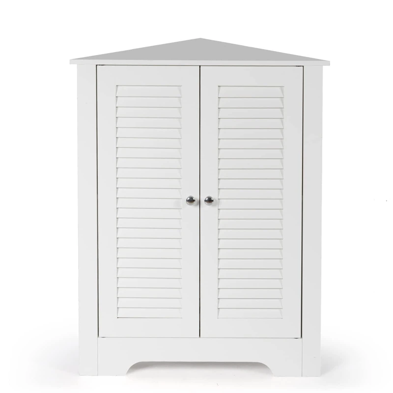 CASART Floor Storage Cabinet, Multipurpose Corner Shelf with Double Louver Cabinet Doors, Stand Organizer Cupboard Unit for Kitchen, Living Room, Bathroom and Hallway (White)
