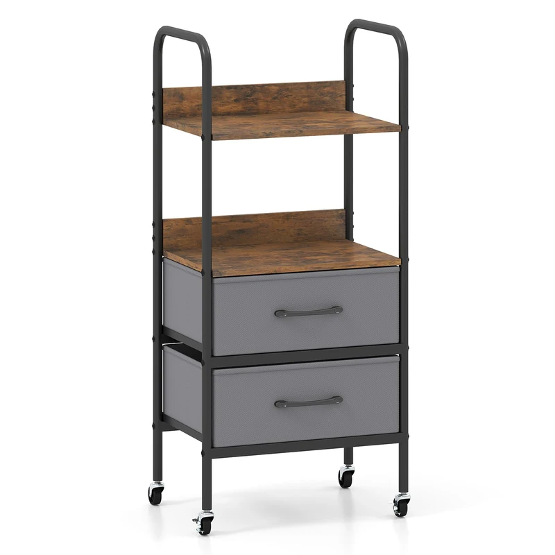 CASART Printer Stand on Wheels, 4-Tier Mobile Printer Table with 2 Fabric Drawers & 2 Open Shelves, Rolling Utility Storage Cart Makeup Organizer Holder for Bedroom Living Room Office