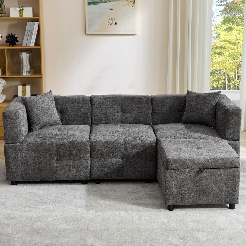 Ball & Cast Sectional Sofa 3 Seater, L shape Corner Sofa with Removable Storage Ottoman, Corner Sofa with Storage for Home/Apartment/Office Living Room, Grey