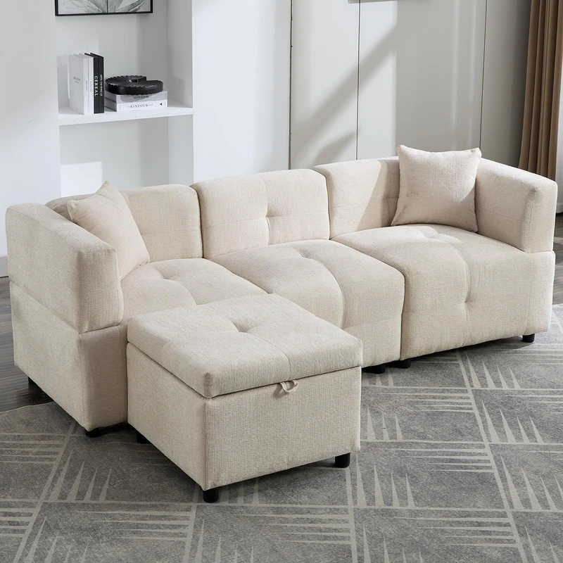 Ball & Cast L-Shaped Corner Sofa with Chaise Lounge, 3 Seater Modular Sofa, Breathable Cotton Linen Fabric,Comfortable Small Corner Couch for Living Room, Apartment & Office, 204×68×69 cm, Beige