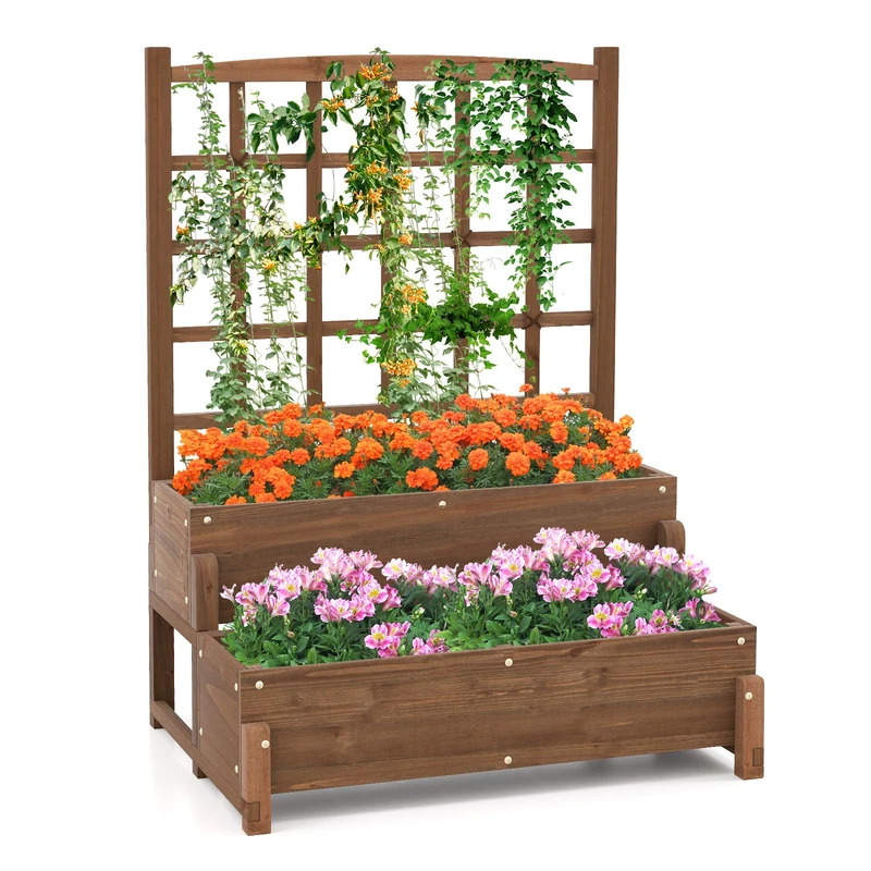 GiantexUK 2-Tier Garden Bed with Trellis (Brown, 88x67x121cm)